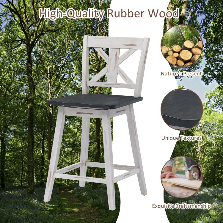 Set of 2 Swivel Counter Height Bar Stools with Solid Wood Legs-White