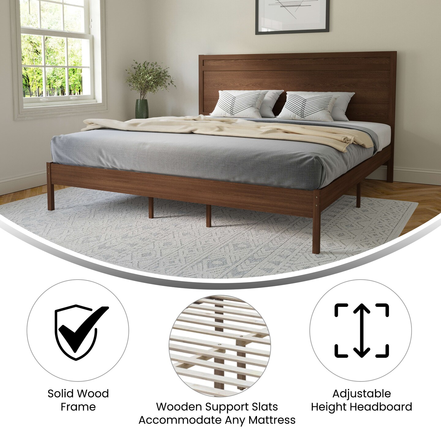 Merrick Lane Somerset Solid Wood Platform Bed with Wooden Slats and Headboard, No Box Spring Needed