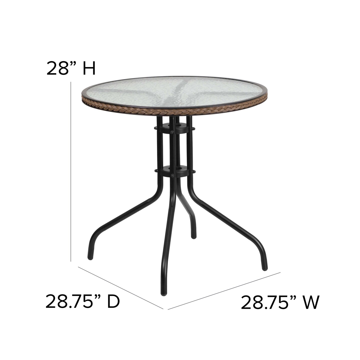 Emma and Oliver 28" Round Tempered Glass Metal Table with Rattan Edging