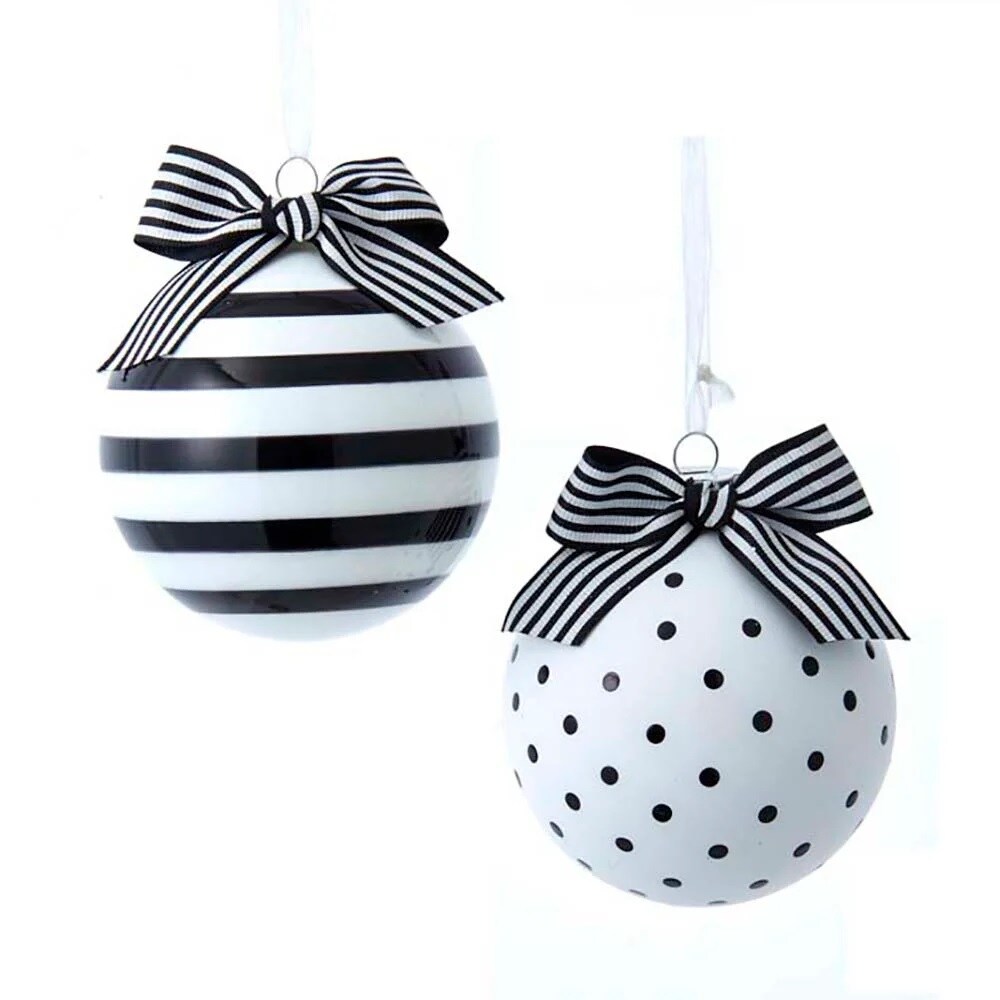 KSA Pack of 6 Black and White Polka Dots and Stripes Christmas Ball Ornaments 4&#x22; (100mm)