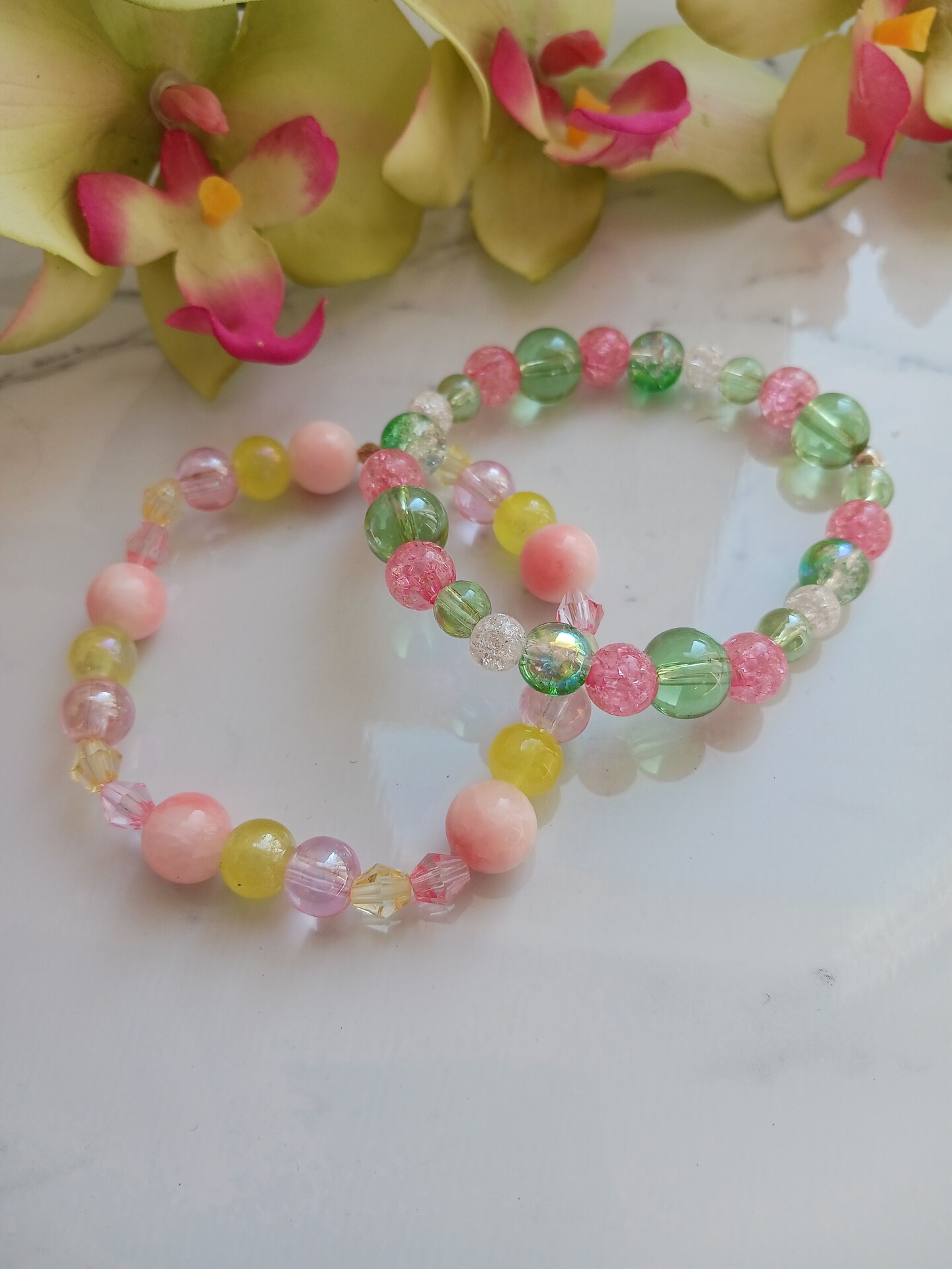 Handmade glass bead bracelet set, pink and green bracelet stack 