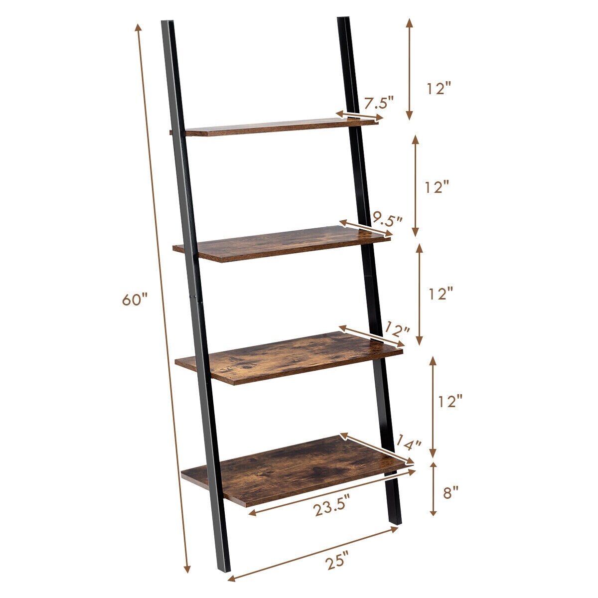 Metal Particle Board 4-Tier Ladder Shelf with Wall Mount