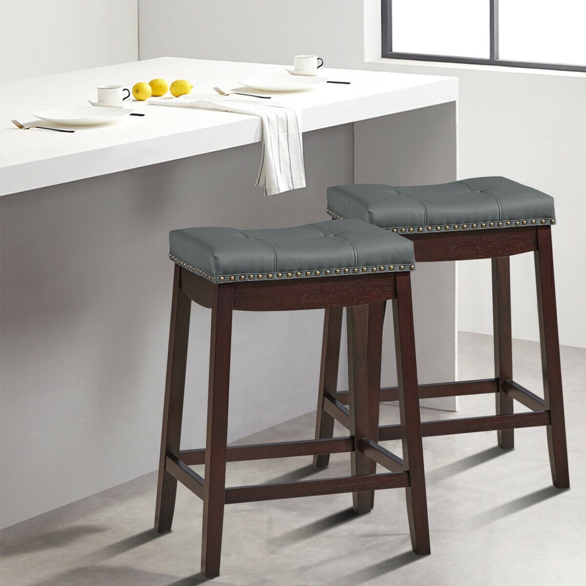 Set of 2 Backless Bar Stools with Nail head Padded Saddle Seat and Rubber Wood Legs
