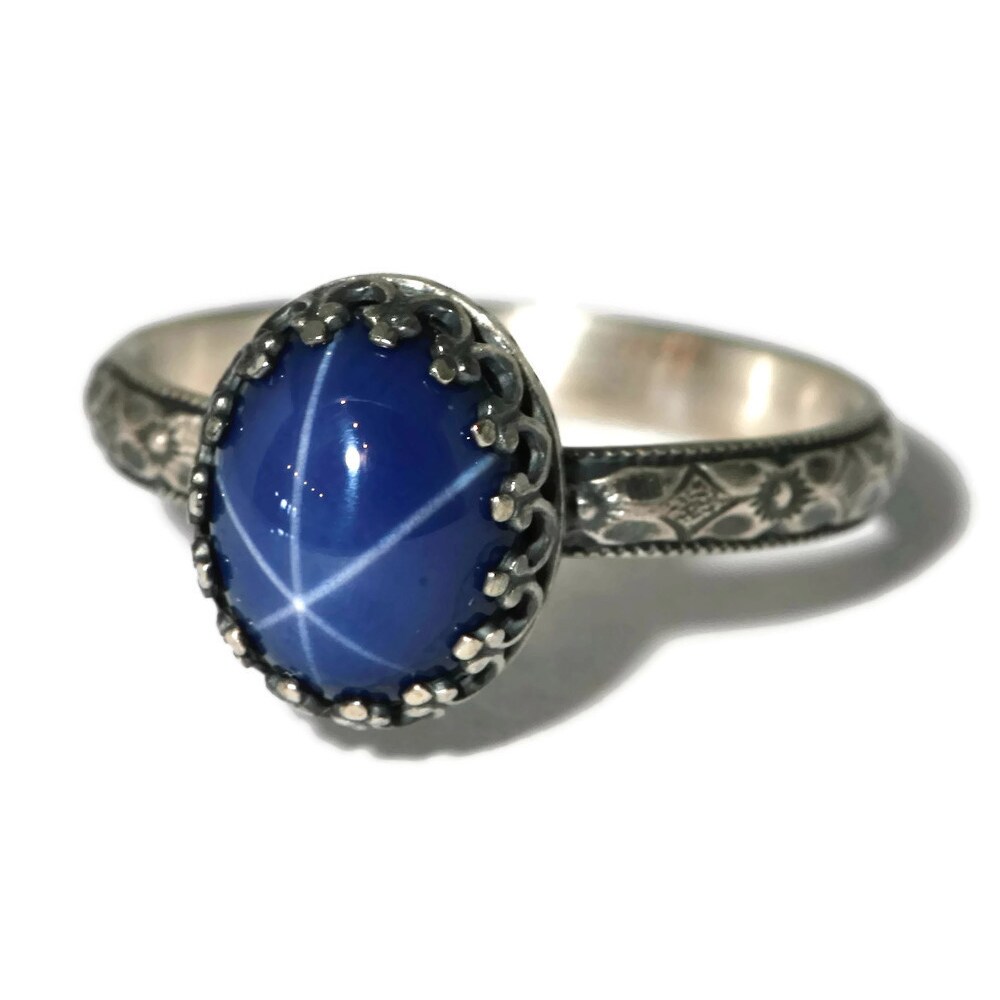 10X8Mm Lab Created Blue Star Sapphire Ns Mount 925 Antique Sterling Silver Ring By Salish Sea Inspirations