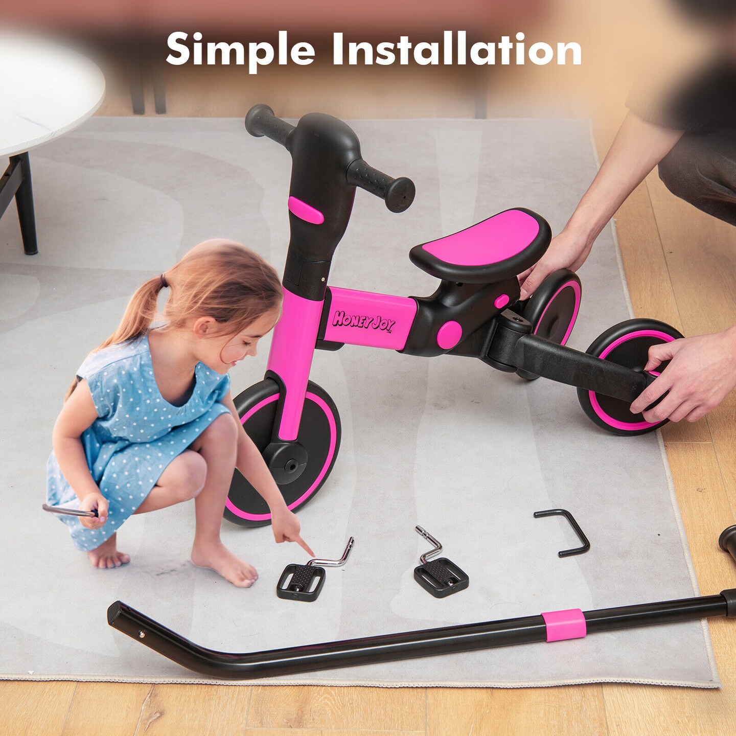 4-in-1 Kids Tricycle with Adjustable Parent Push Handle and Detachable Pedals