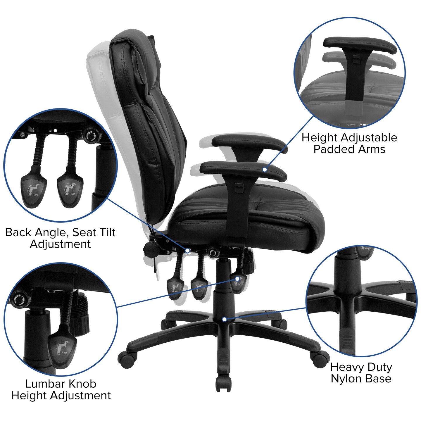 Emma and Oliver High Back Leather Multifunction Executive Swivel Ergonomic Office Chair with Lumbar Support Knob with Arms