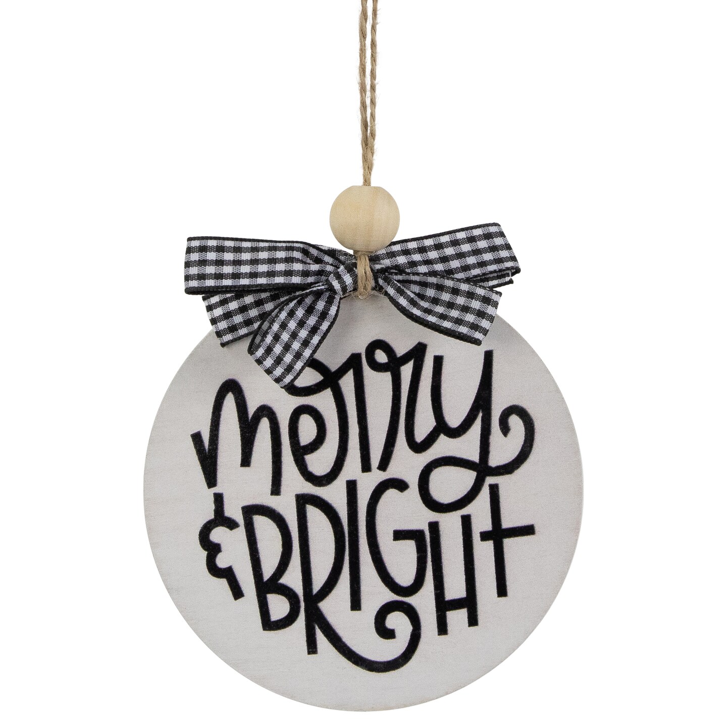 Northlight Wooden "Merry & Bright" Disc Christmas Ornament with Plaid Bow - 4" - Black and White