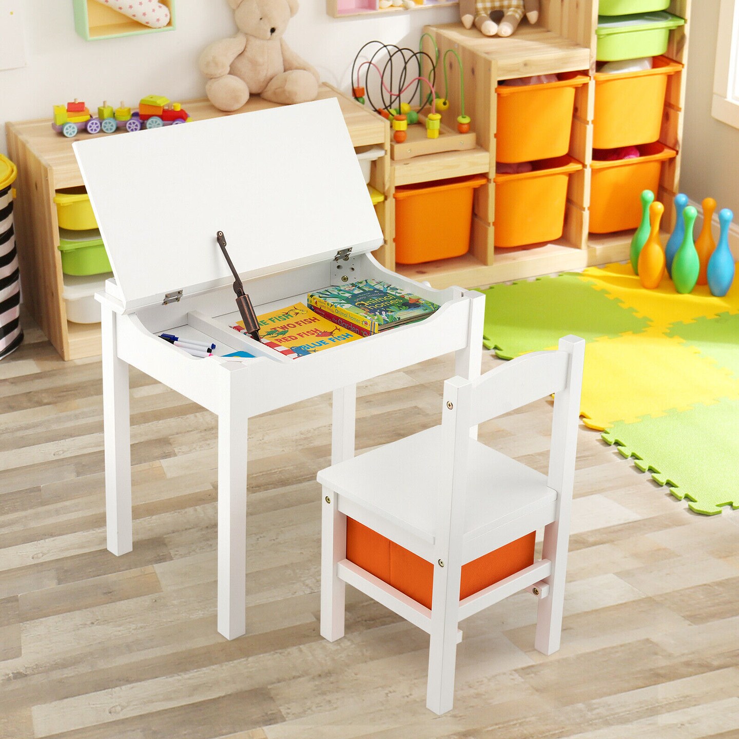 Wood Activity Kids Table and Chair Set with Flip Top Design and Pull-out Drawer