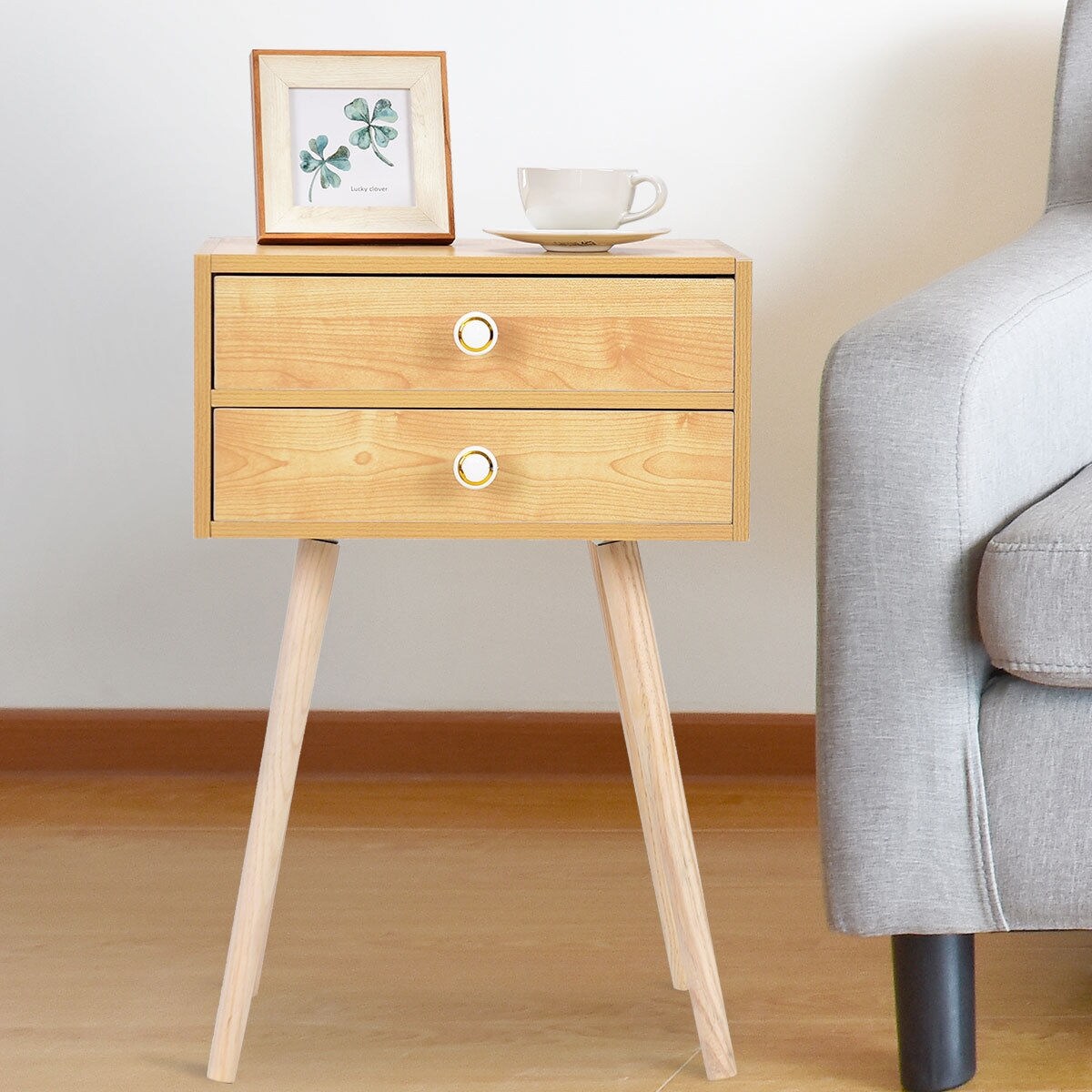 Modern Floor Standing 2 Drawers Nightstand with Wooden Legs and Golden Knob