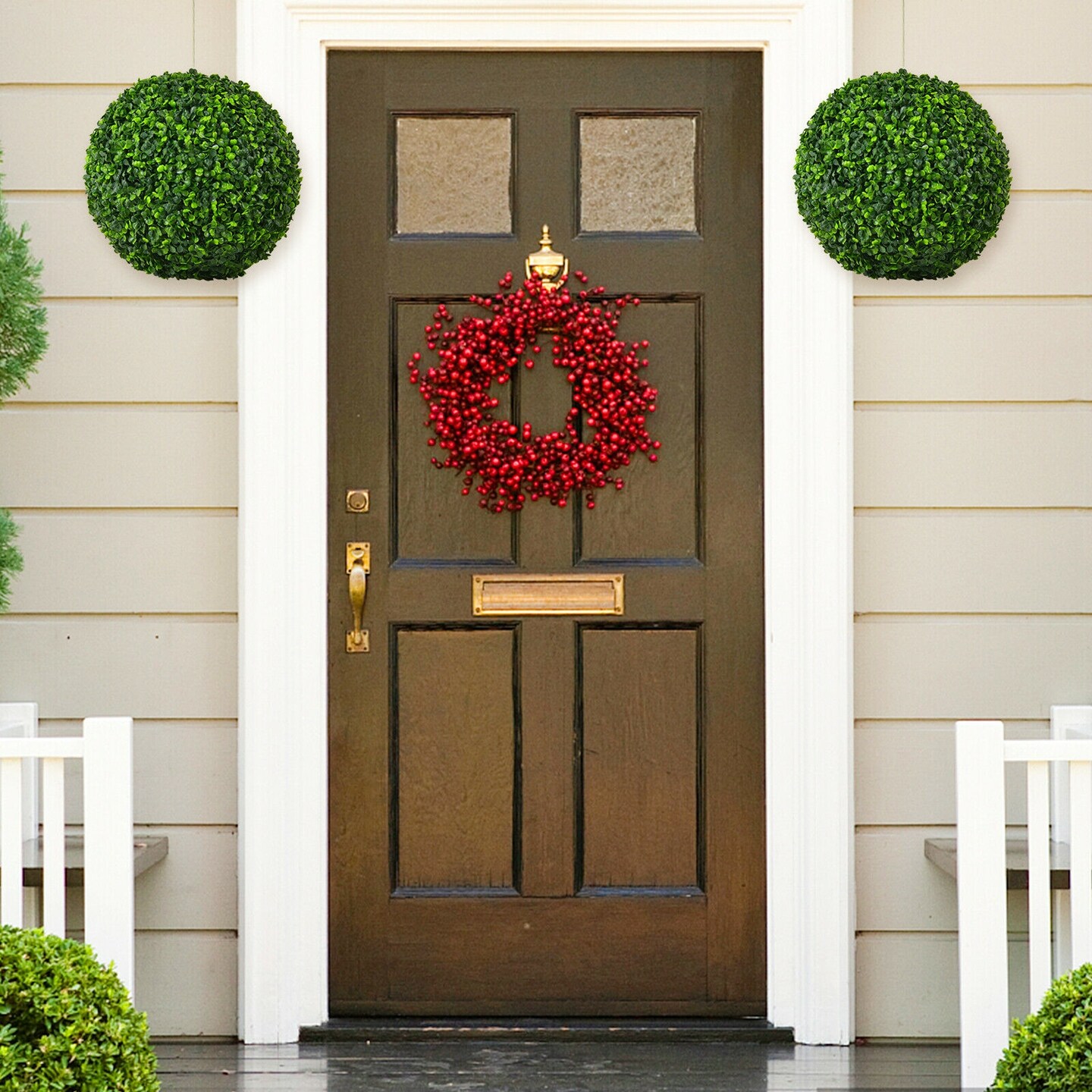 2 Pieces Artificial Boxwood Topiary UV Protected Indoor-Outdoor Balls