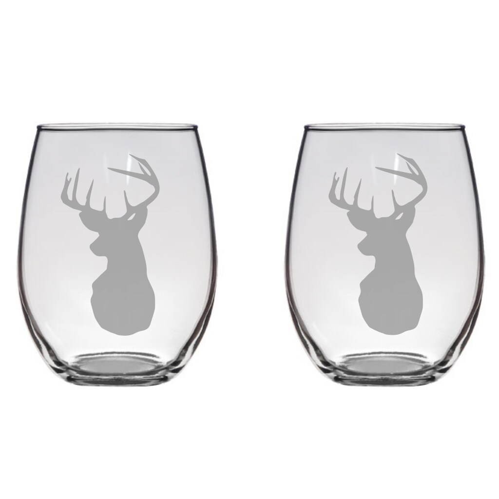 Deer Head Buck Etched Stemless Wine Glasses Free Personalization