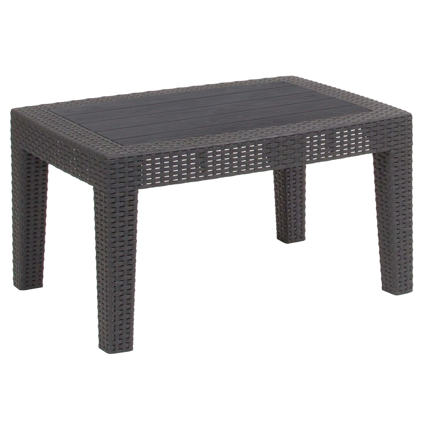 Merrick Lane Malmok Outdoor Coffee Table Faux Rattan Wicker Pattern Resin All-Weather Patio Coffee Table With Wood Plank Top Design