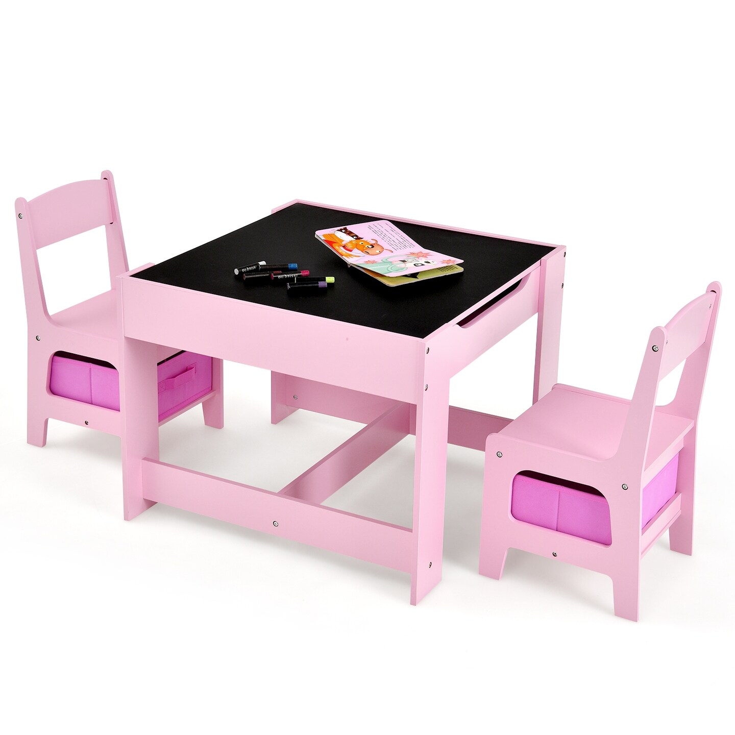 Kids Table Chairs Set With Storage Boxes Blackboard Whiteboard Drawing