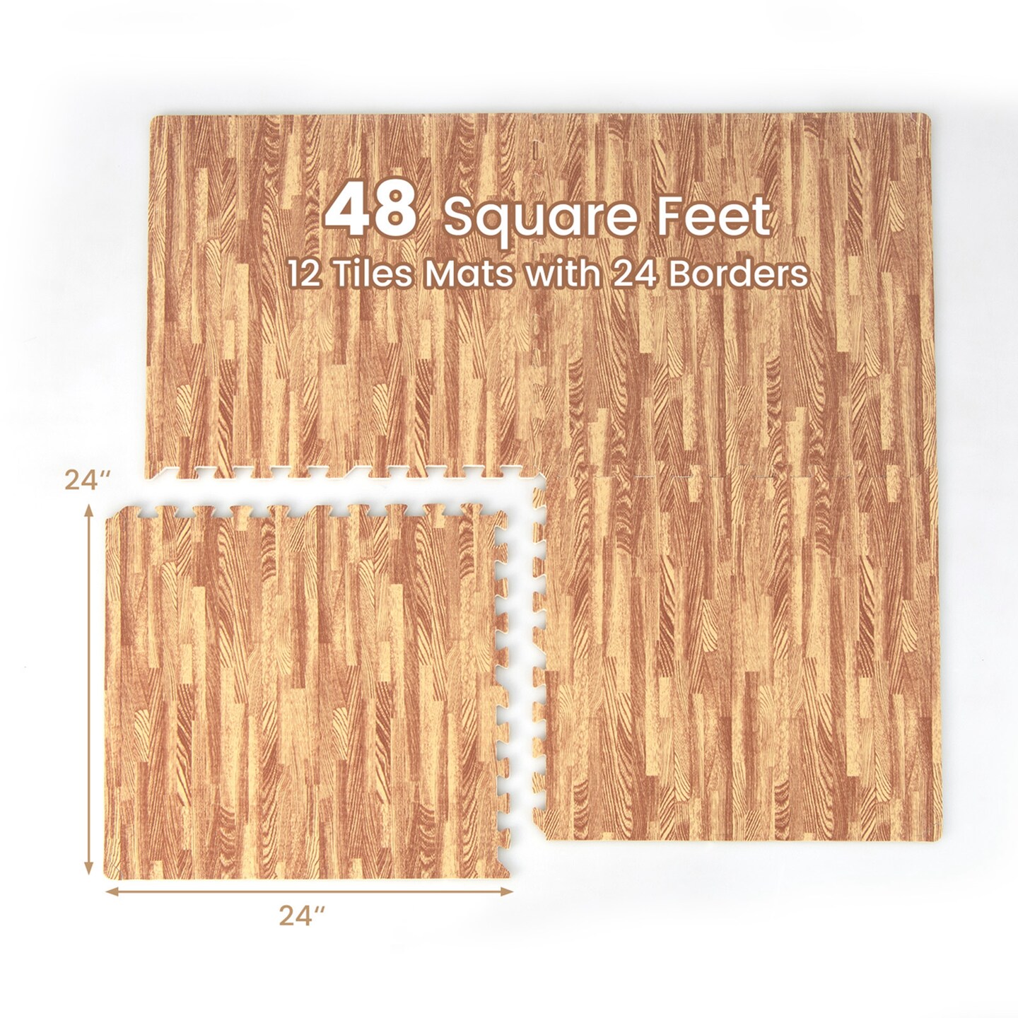 Costway 12 Tiles Wood Grain EVA Foam Floor Mats Interlocking w/Borders 24" Natural