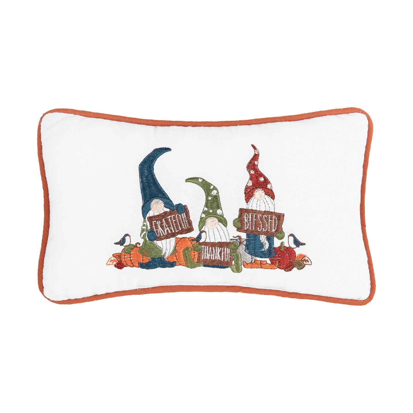 Grateful Thankful Gnome Embroidered Throw Pillow