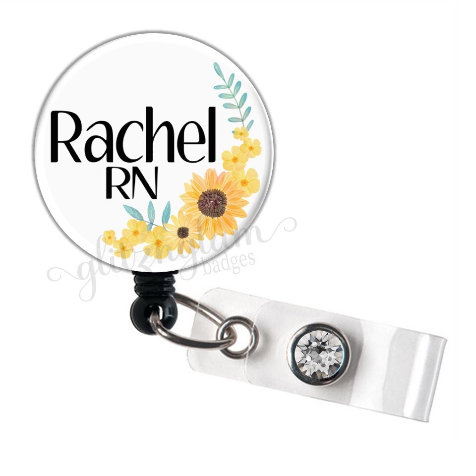 Personalized Sunflower Badge Reel Retractable Floral Badge Reel
