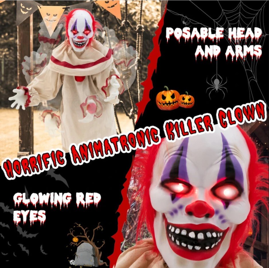 Halloween Prop Decoration - 5FT Grins Animatronic Killer Clown with Glowing Red Eyes