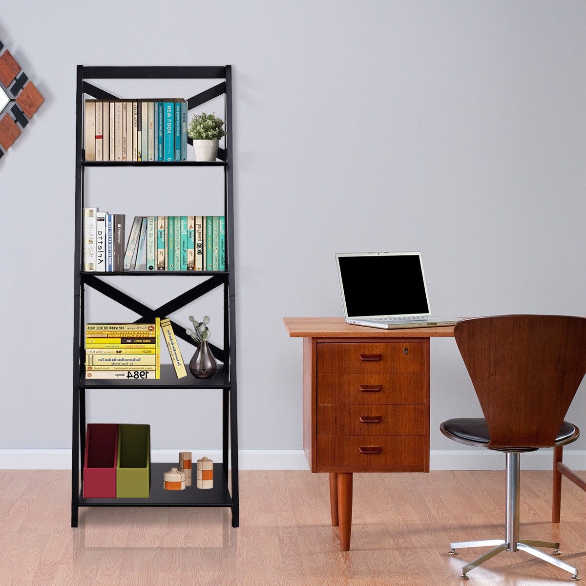 MDF 4-Tier Free Standing Ladder Shelf Bookcase with Space-Saving Design