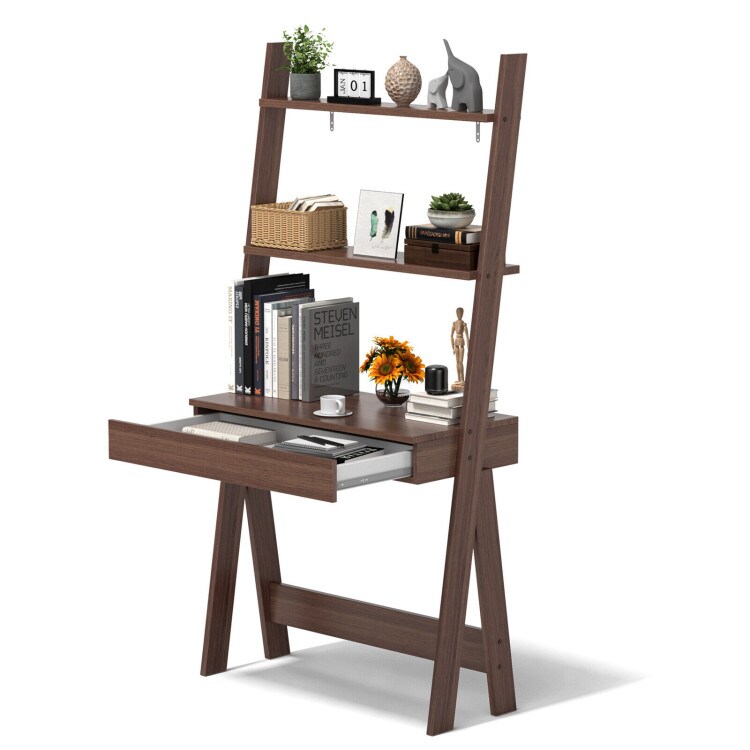 Ladder Shelf Desk Bookcase with Countertop Drawer and 2 Shelves