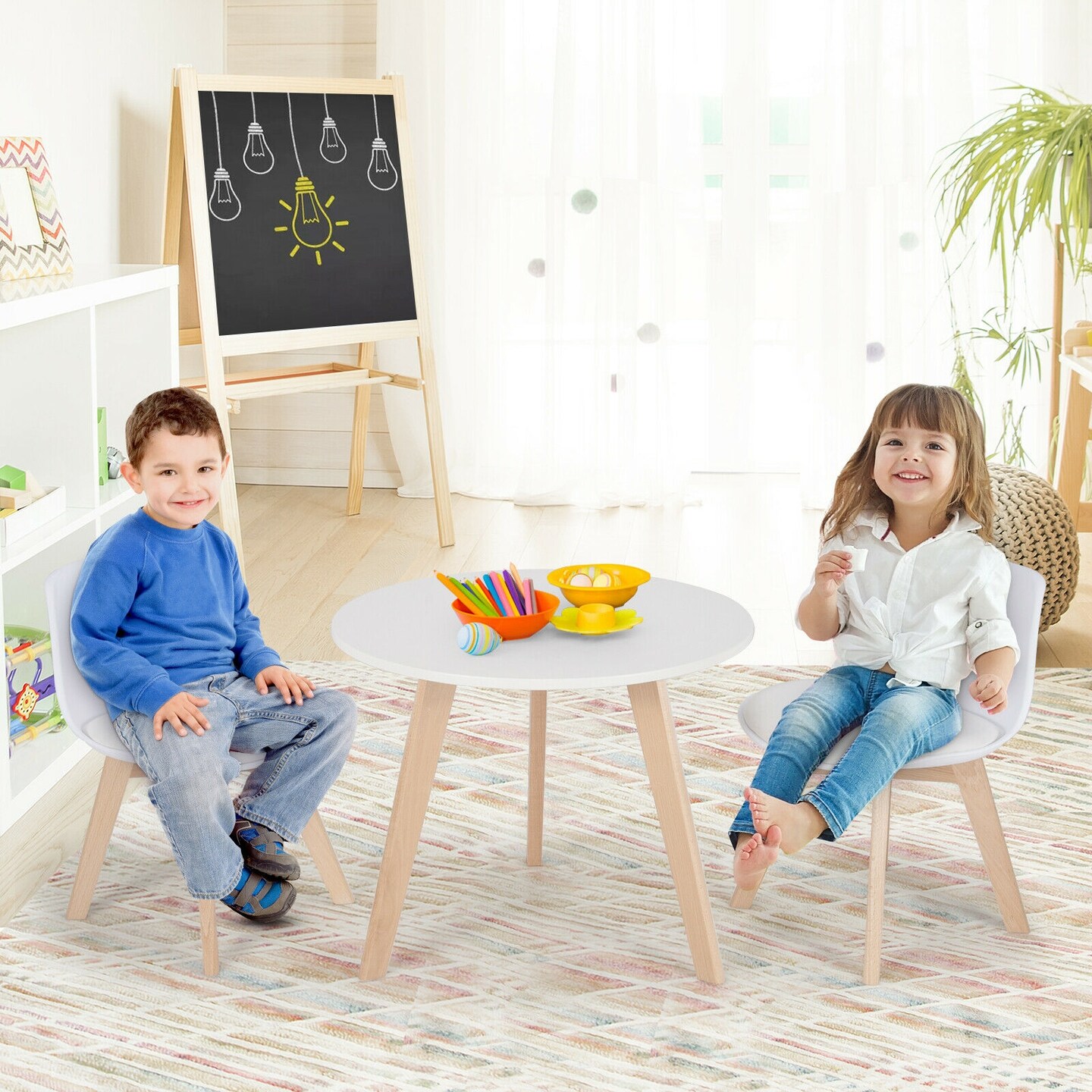 Modern Kids Activity Play Table and 2 Chairs Set with Beech Leg Cushion-White