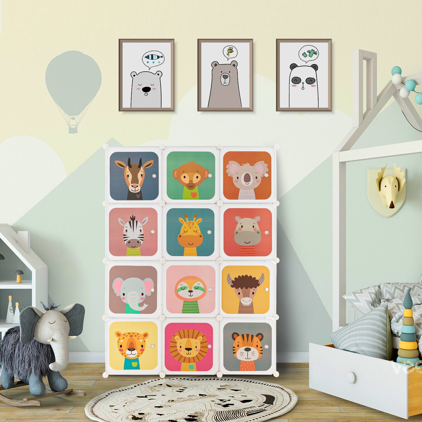 Kids Portable Multi-Cube Closet Storage Cabinet with Cartoon Doors and Sturdy Metal Wires Connections