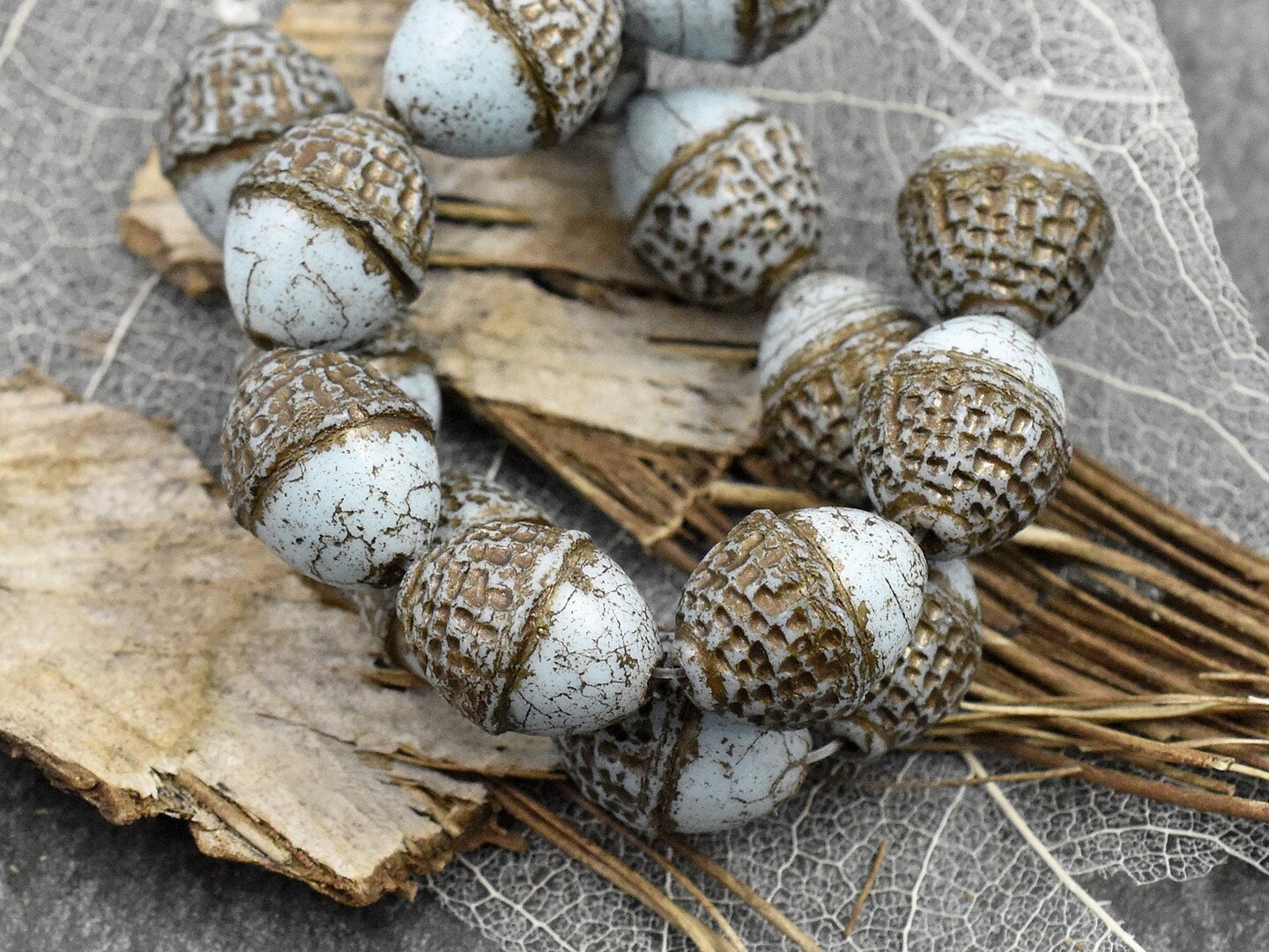 *8* 10x12mm Brown Washed Robins Egg Blue Acorn Oval Beads