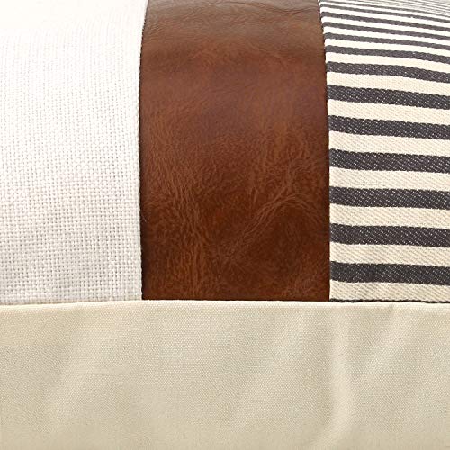 cygnus Set of 2 Farmhouse Decor Stripe Patchwork Linen Throw Pillow Covers,Modern Tan Faux Leather Accent Pillow Covers 18x18 inch,Gray