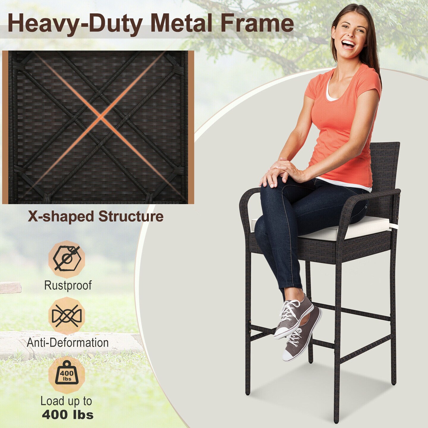 Patio PE Rattan Barstool Set with Armrests and Removable Seat Cushions Ideal for Outdoor Use