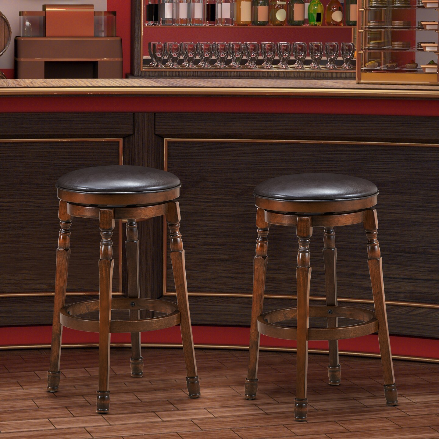 Set of 2 Swivel Leather Padded Bar Dining Stool with Footrest