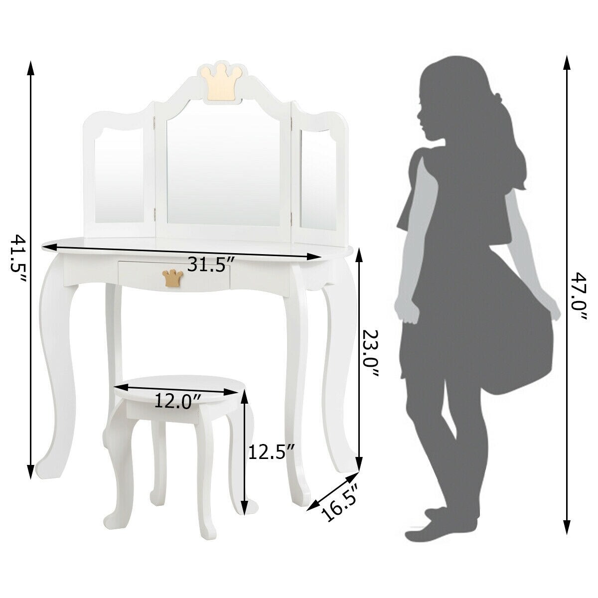 Kids Makeup Dressing Table with Tri-folding Mirror and Stool
