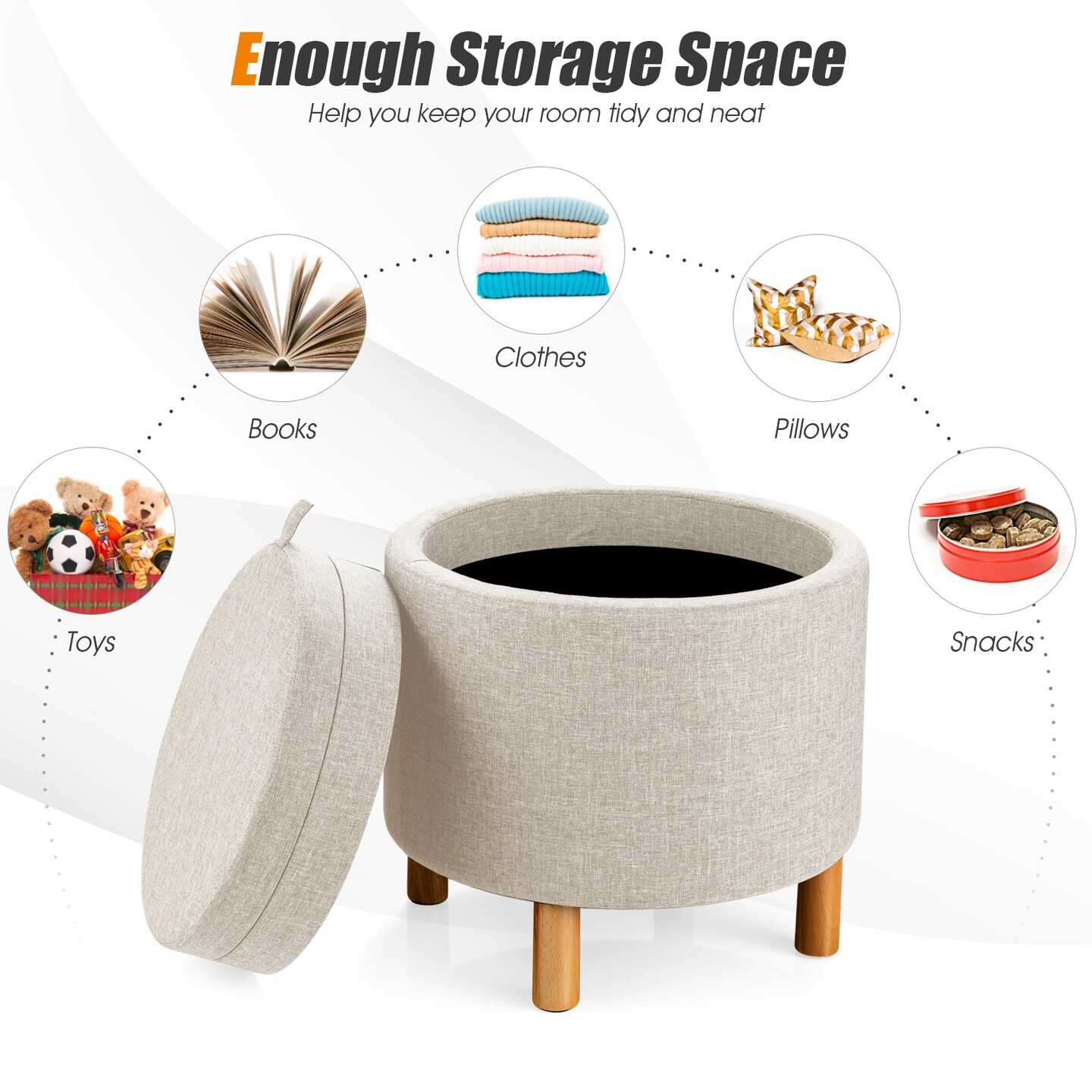 Round Storage Ottoman with Tray Top Accent Padded Footrest