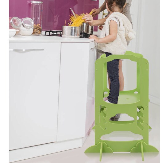 Kids Height Adjustable Kitchen Step Stool Toddlers Kitchen Helper w/ Chalkboard-Green