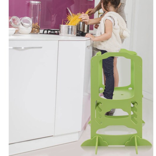 Kids Height Adjustable Kitchen Step Stool Toddlers Kitchen stool w/ Chalkboard-Green