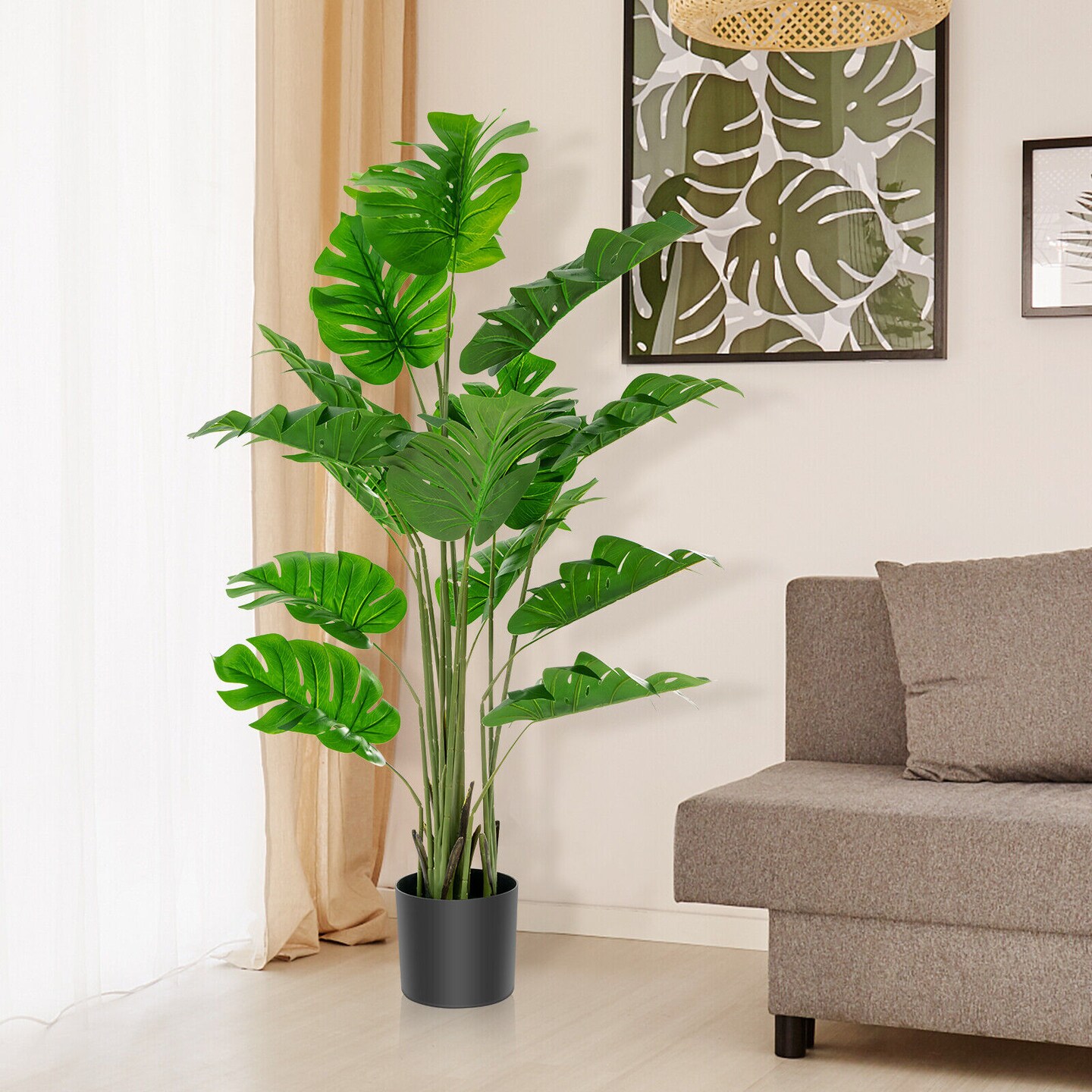 Green PEVA Plastic Monstera Artificial Tree 60 Inch with Cement Pot Set of 2 for Home and Office Decor