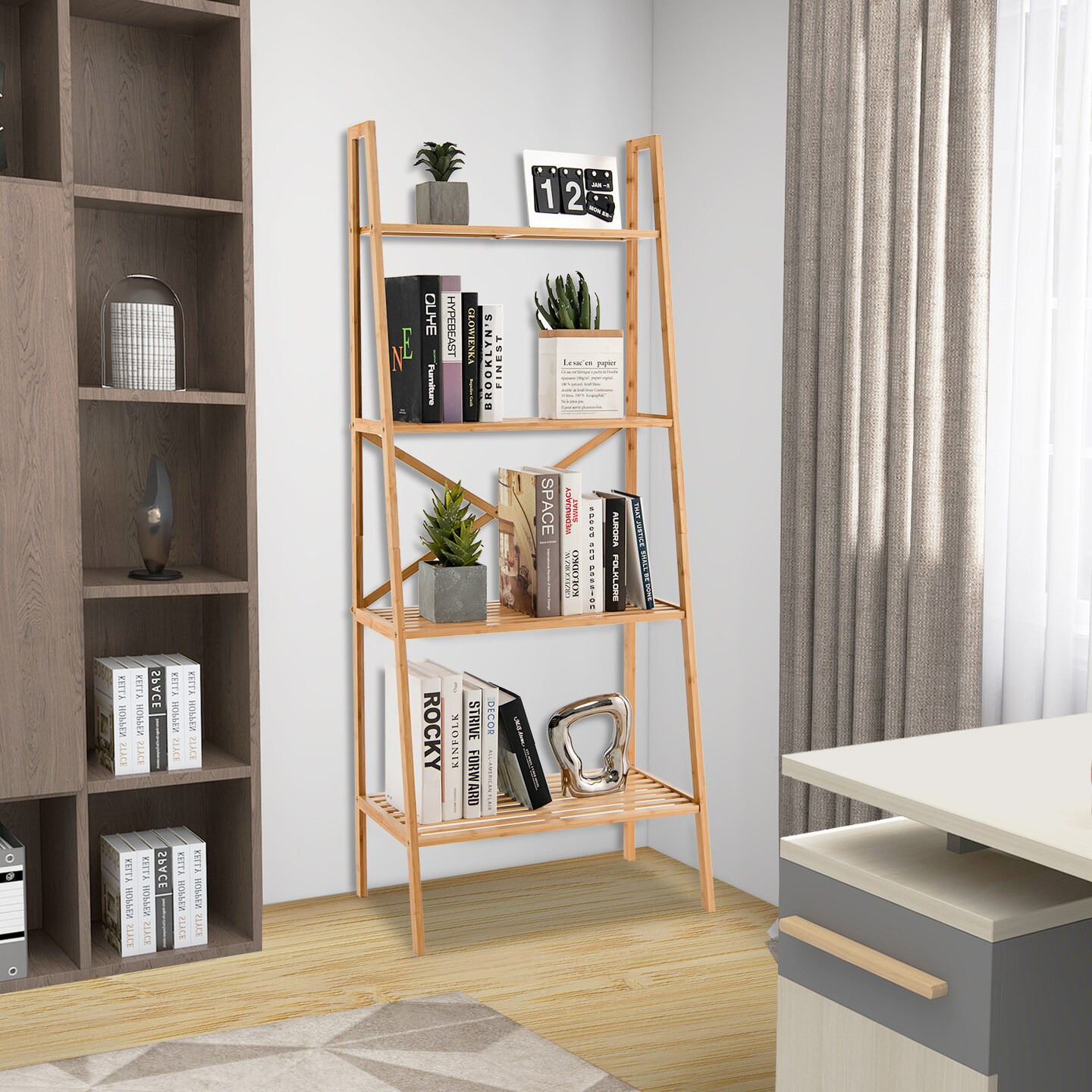 58 Inch 4-Tier Wicker Ladder Bookshelf-Natural