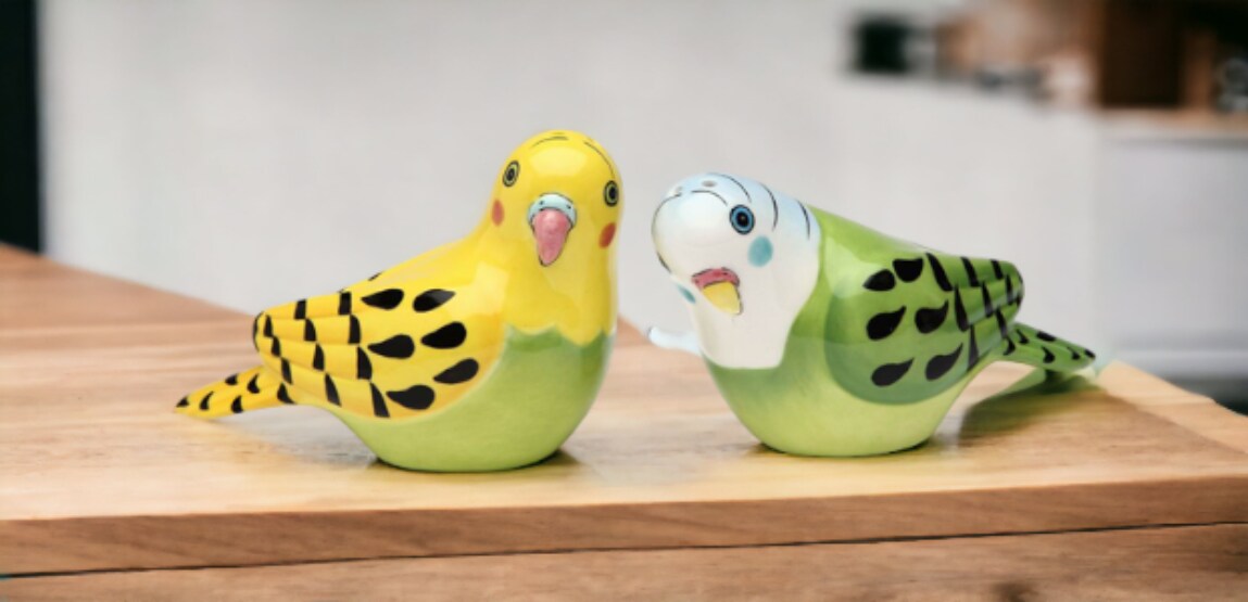 Ceramic Yellow And Green Parakeet Birds Salt &#x26; Pepper Shakers, Home D&#xE9;cor, Gift for Her, Gift for Mom, Kitchen D&#xE9;cor, Birdwatcher Gift