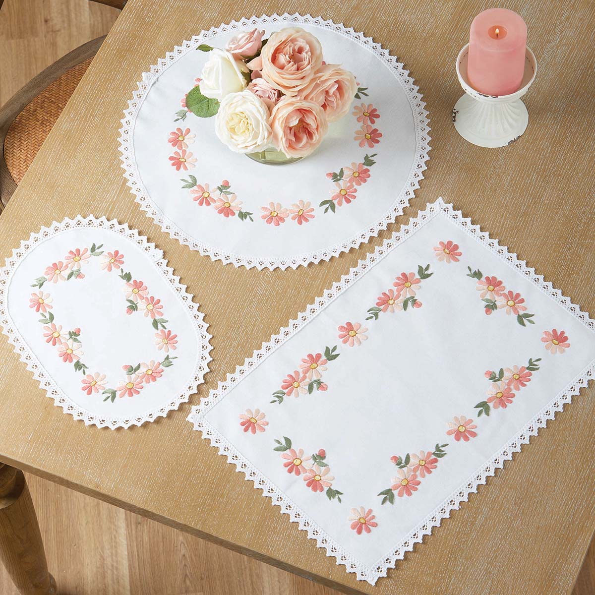 Nob Hill  Pink Flowers Doily Set Stamped Embroidery
