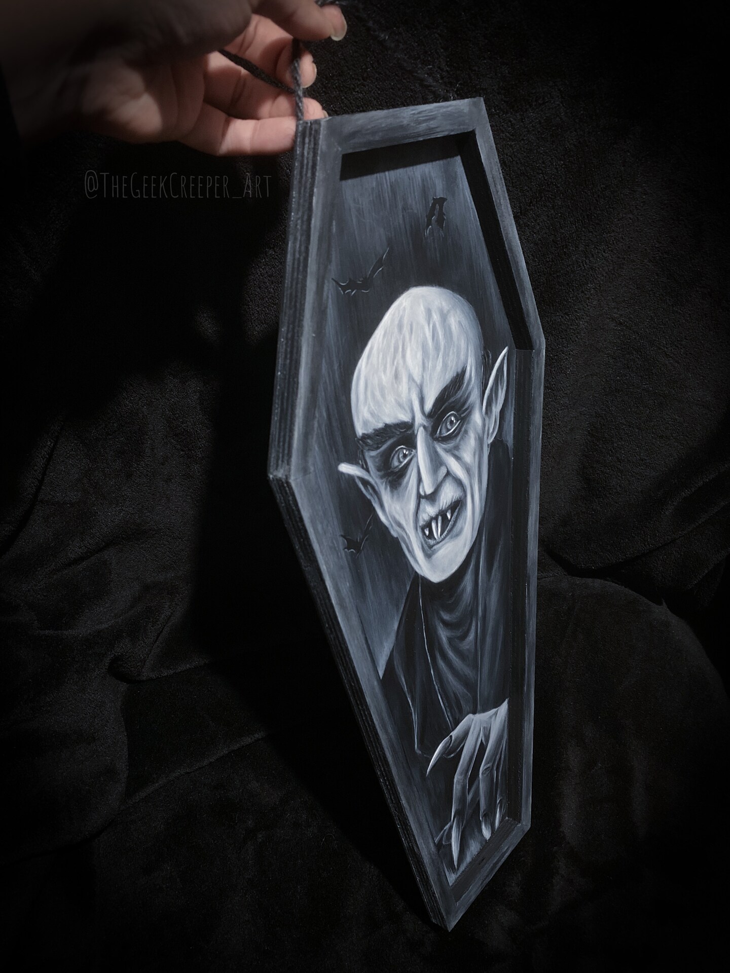 Count Orlok painting on coffin shaped wood panel 18”x8” product 2