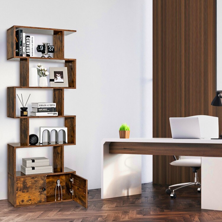 Engineered Wood S-Shaped Bookshelf with Cabinet and Doors