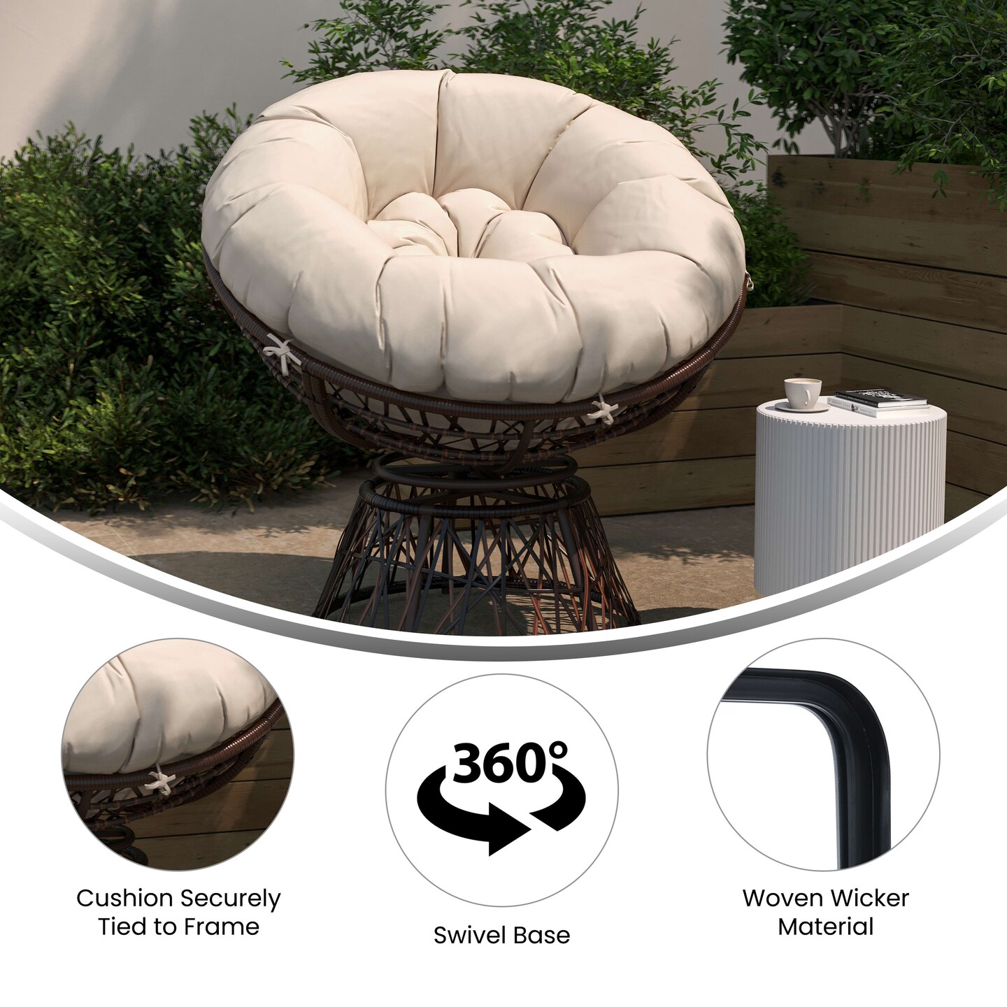 Merrick Lane Papasan Style Woven Wicker Swivel Patio Chair with Removable All-Weather Cushion