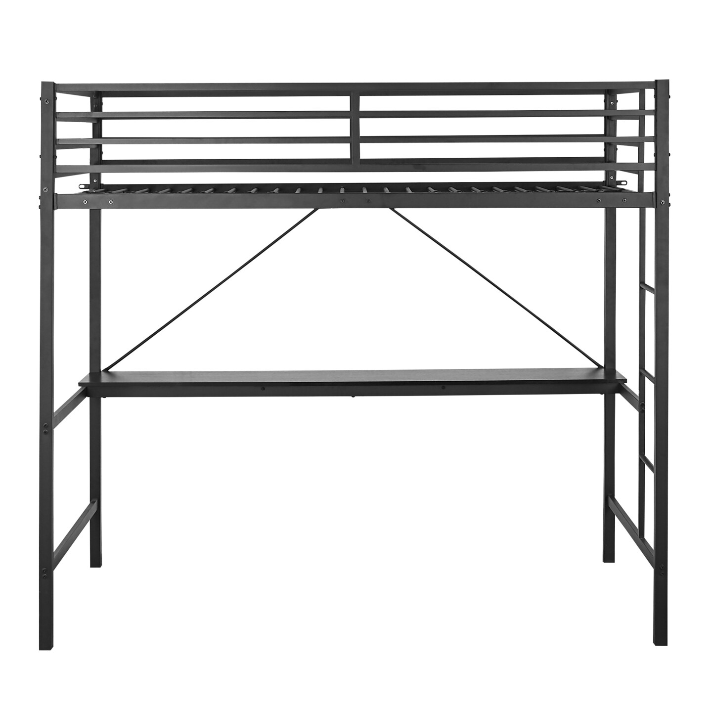Emma and Oliver Jensen Metal Loft Bed Frame with Desk, Protective Guard Rails and Ladder for Kids, Teens and Adults