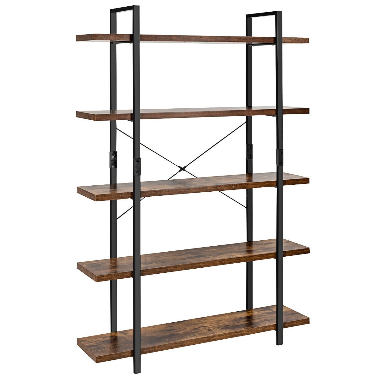 Rustic Brown-Black Iron and Wood Bookcase with Anti-Tip Design