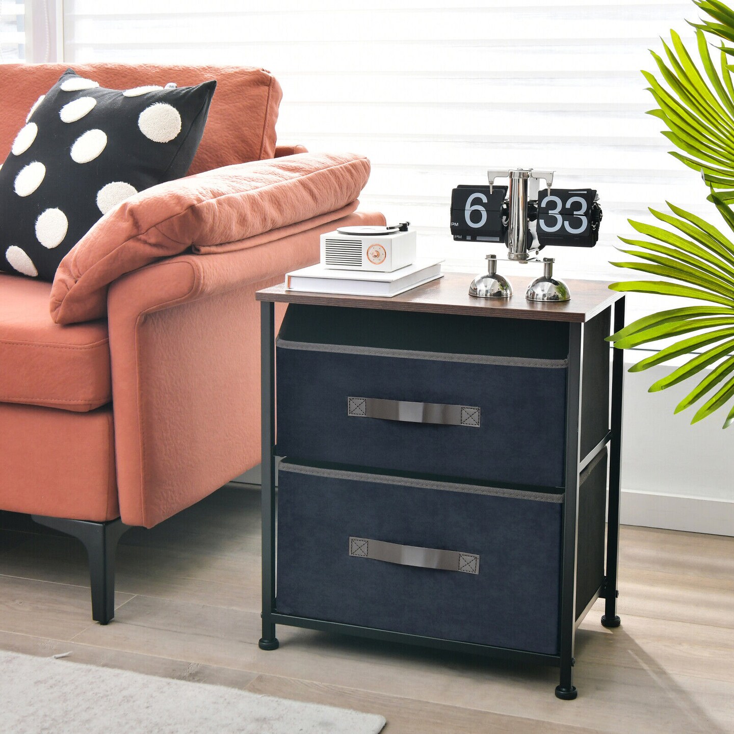 20" Multi-Functional Nightstand with Metal Frame and 2 Fabric Drawers for Bedroom or Living Room