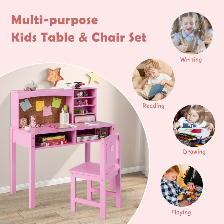 Kids Wooden Desk and Chair Set with 4-tier Storage Shelves and 2 Open Drawers