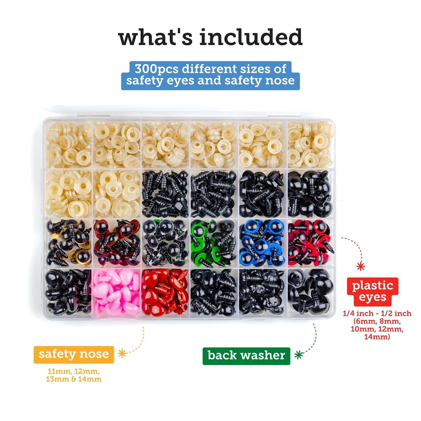 Incraftables Safety Eyes for Amigurumi (300pcs Set). Plastic Safety Eyes and Noses for Crochet (10 Colors). Assorted Stuffed Animal Eyes for Crochet, Dolls, Teddy Bear, Button, Toy &#x26; Crafts (6mm-14mm)