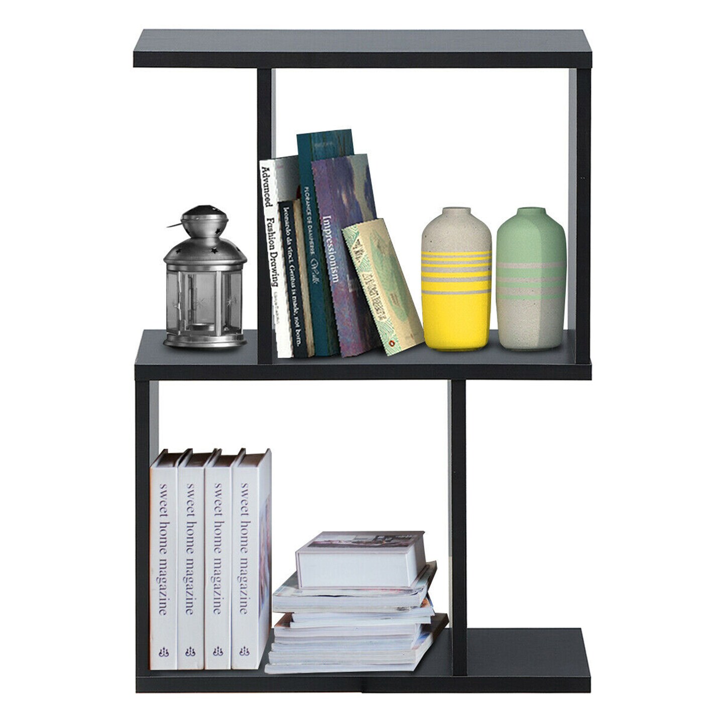 Costway 2-tier S-Shaped Bookcase Free Standing Storage Rack Wooden Display Decor Black