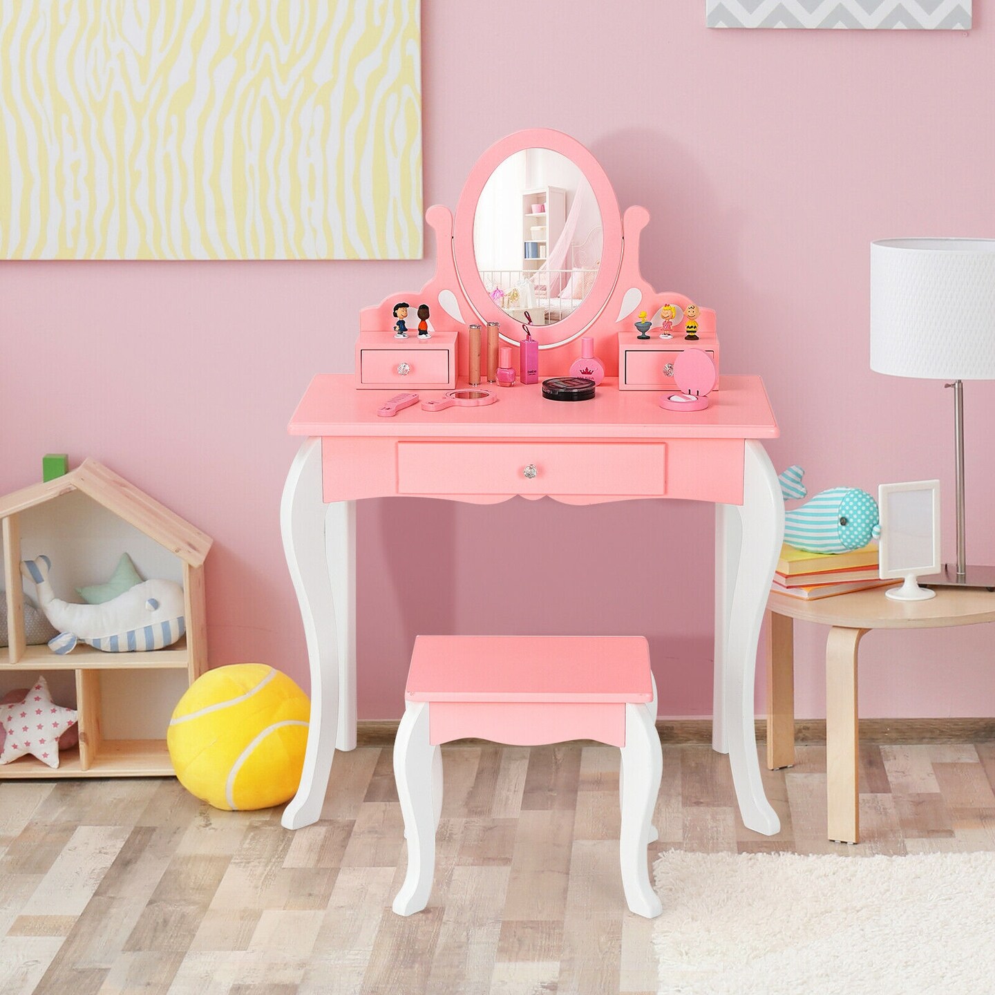 Kids Vanity Princess Makeup Dressing Table Stool Set with Mirror and Drawer
