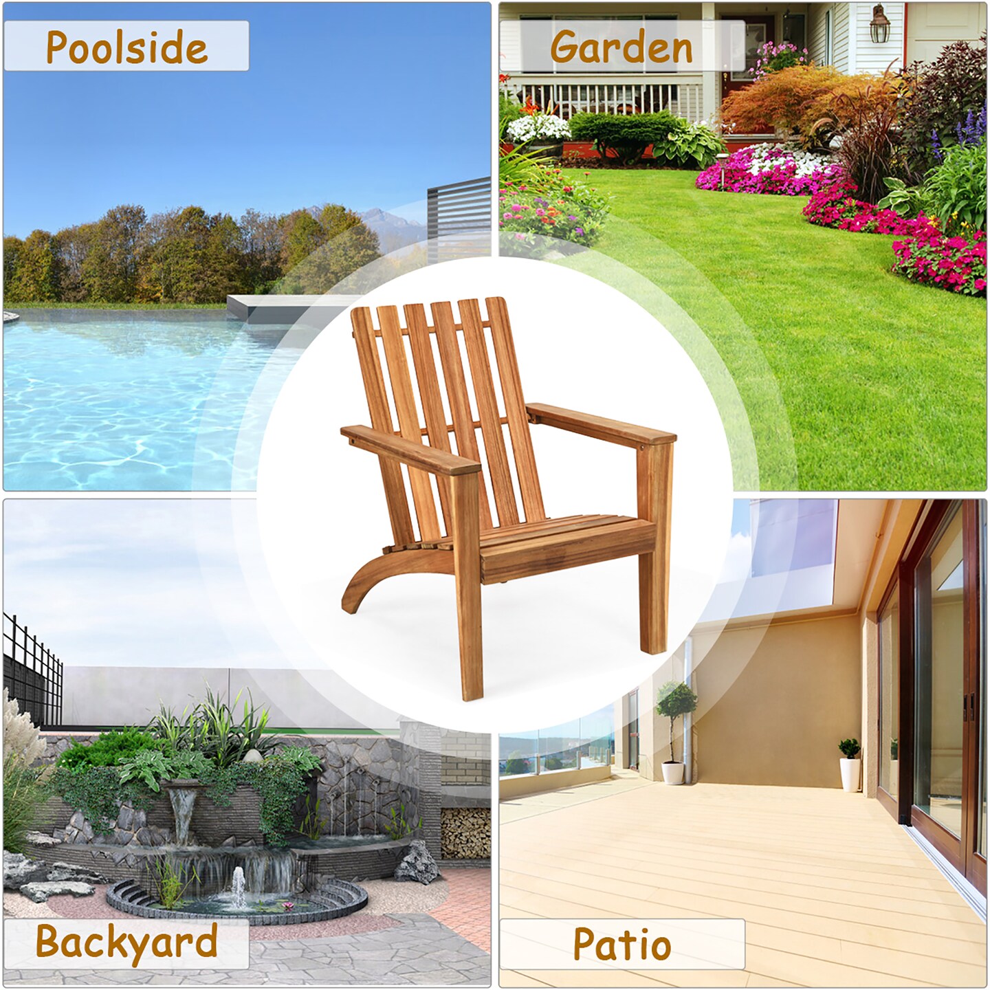Costway Patio Acacia Wood Adirondack Chair Lounge Armchair sturdy Outdoor Garden Yard