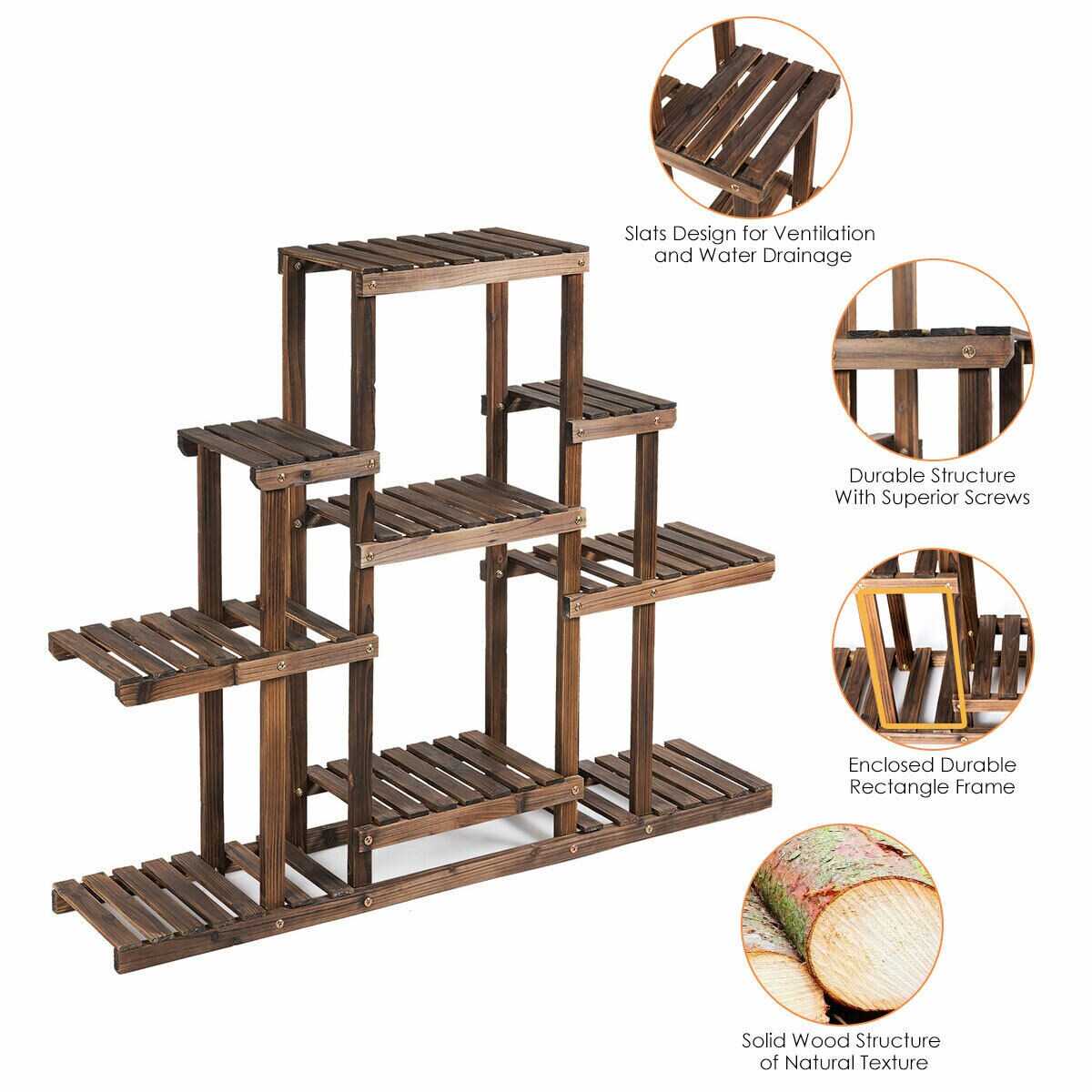 Carbon Baking 6-Tier Solid Wood Plant Stand Indoor Outdoor Flower Pot Rack