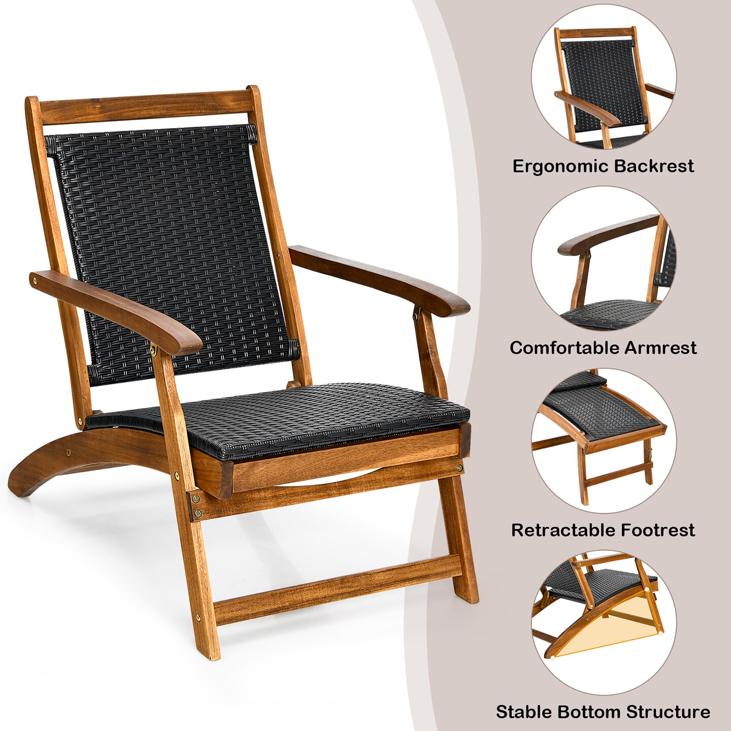 Costway 2PCS Patio Folding Rattan Lounge Chair Wood Frame Retractable Footrest